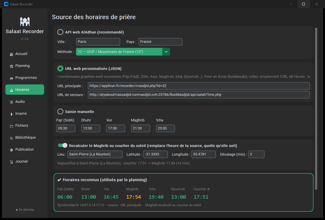 Synchronisation des horaires de prière